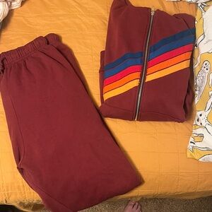 Aviator Nation Maroon Jacket and joggers with Multicolor Stripes